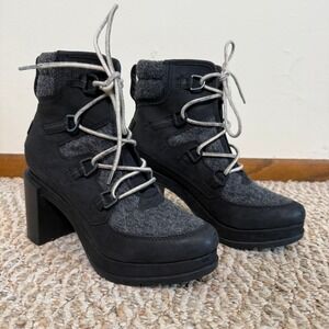 Sorel Blake Moto Lace Up Black Leather Felt Block Heel Platform Boots Women's 7